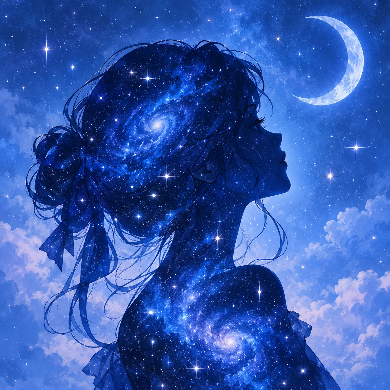Blue girl PFP featuring a feminine silhouette filled with stars and galaxy