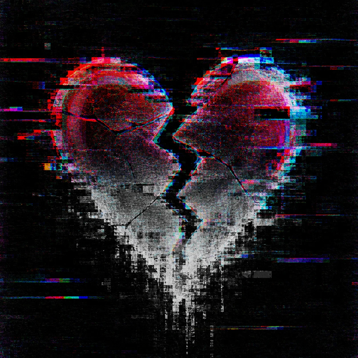Broken heart pfp with heavy glitch distortion and desaturated fading colors