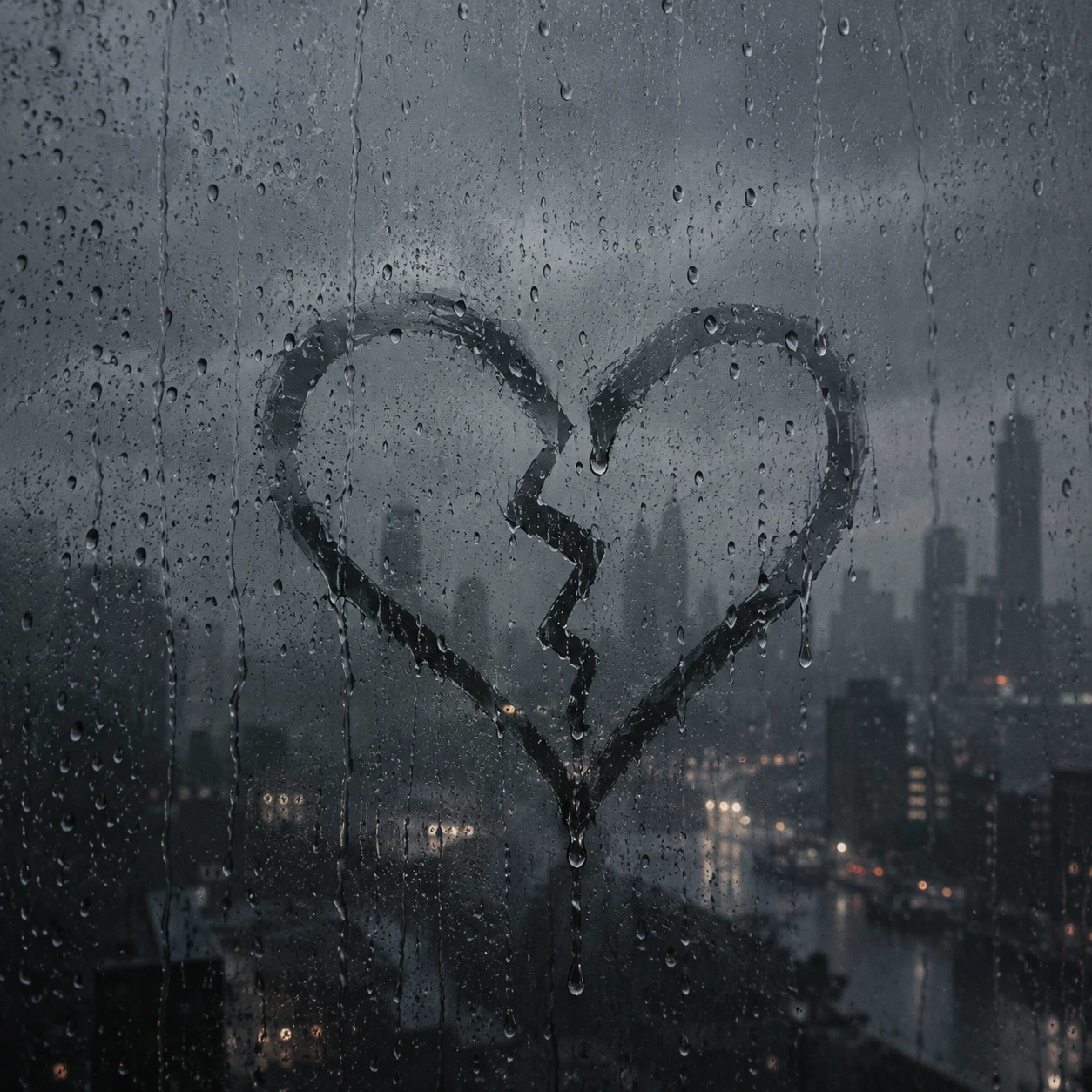 Broken heart pfp drawn on a rainy fogged window with water droplets