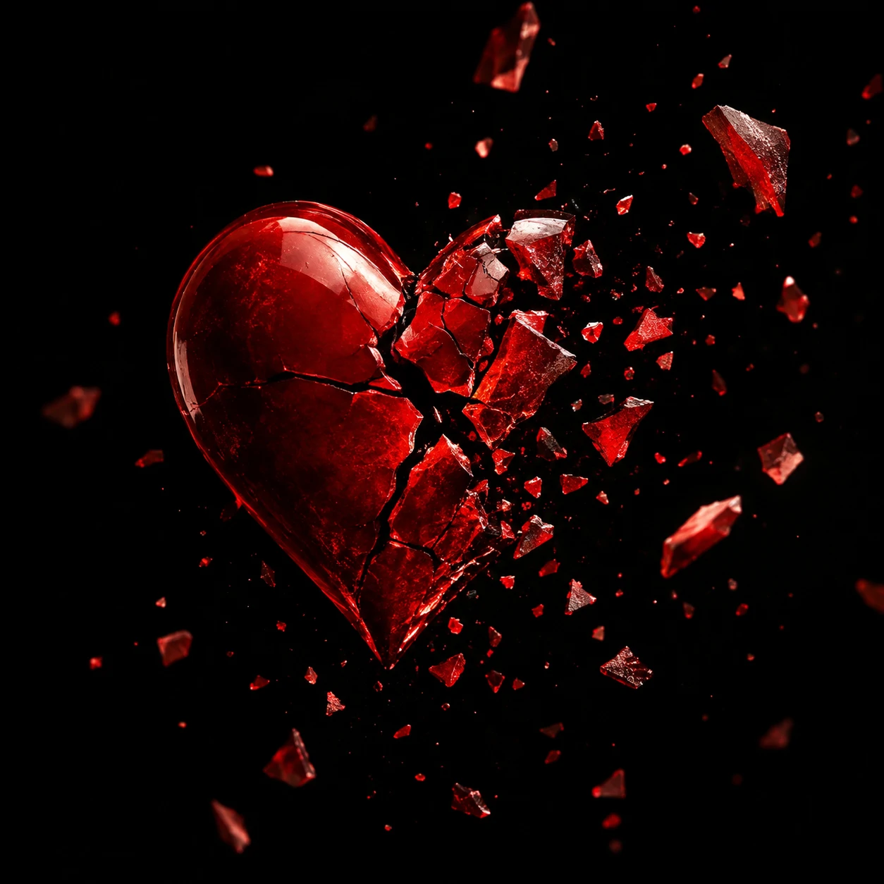Broken heart pfp shattering into small floating fragments on a dark background