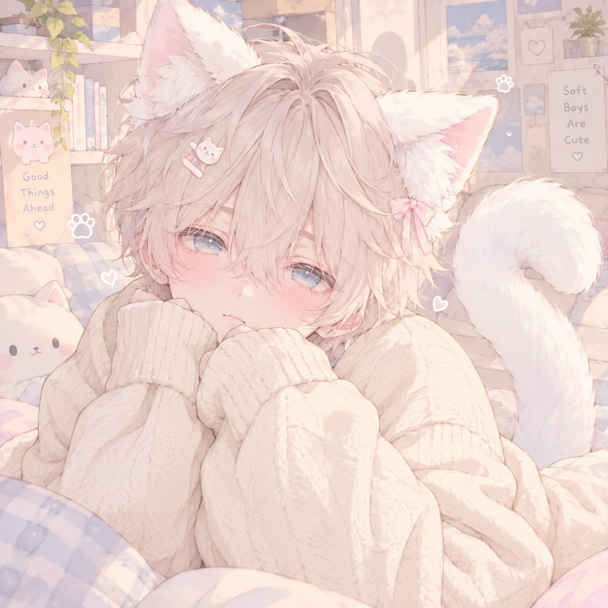 Pastel catboy femboy PFP with fluffy white ears, tail and cozy sweater