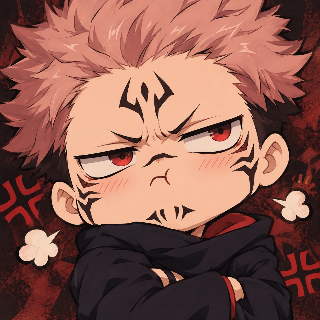 Grumpy chibi Sukuna icon with crossed arms and pouty expression