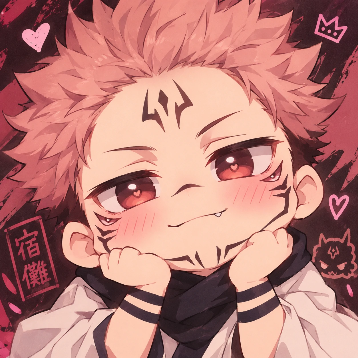 Cute chibi Sukuna PFP with blushing cheeks and tiny cursed markings
