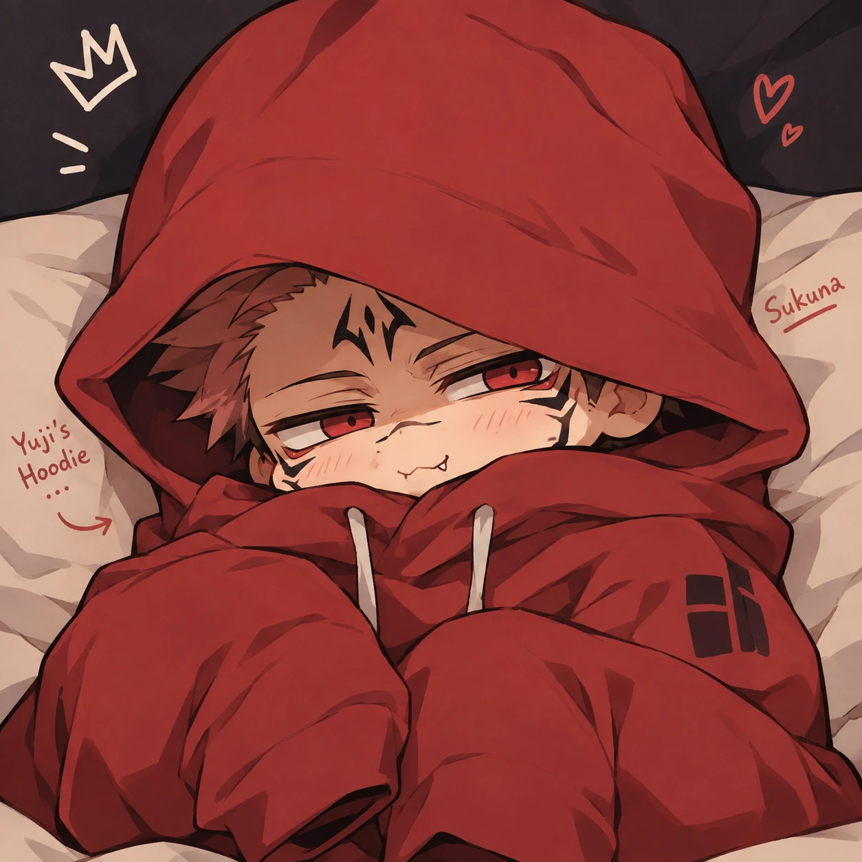 Chibi Sukuna PFP wearing Yuji's oversized hoodie looking cozy