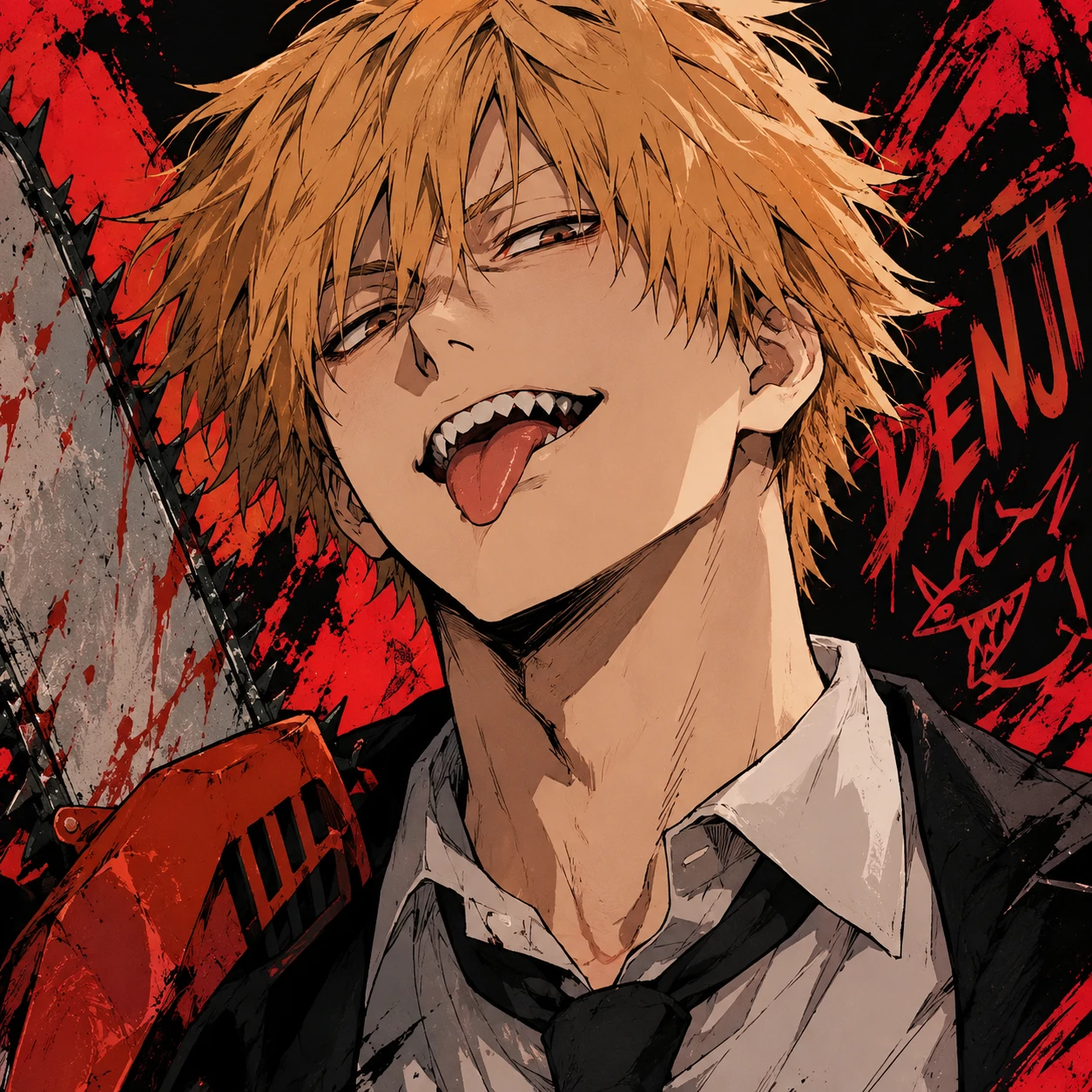 Cool Denji fanart icon with sharp linework and confident expression, PFP