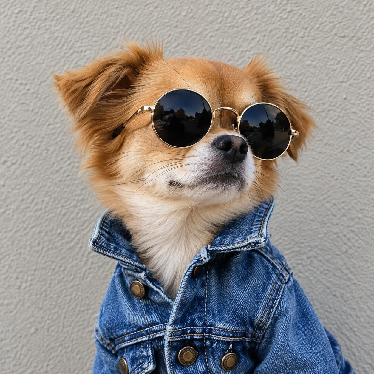 Cool dog PFP of a small dog in a denim jacket and round sunglasses