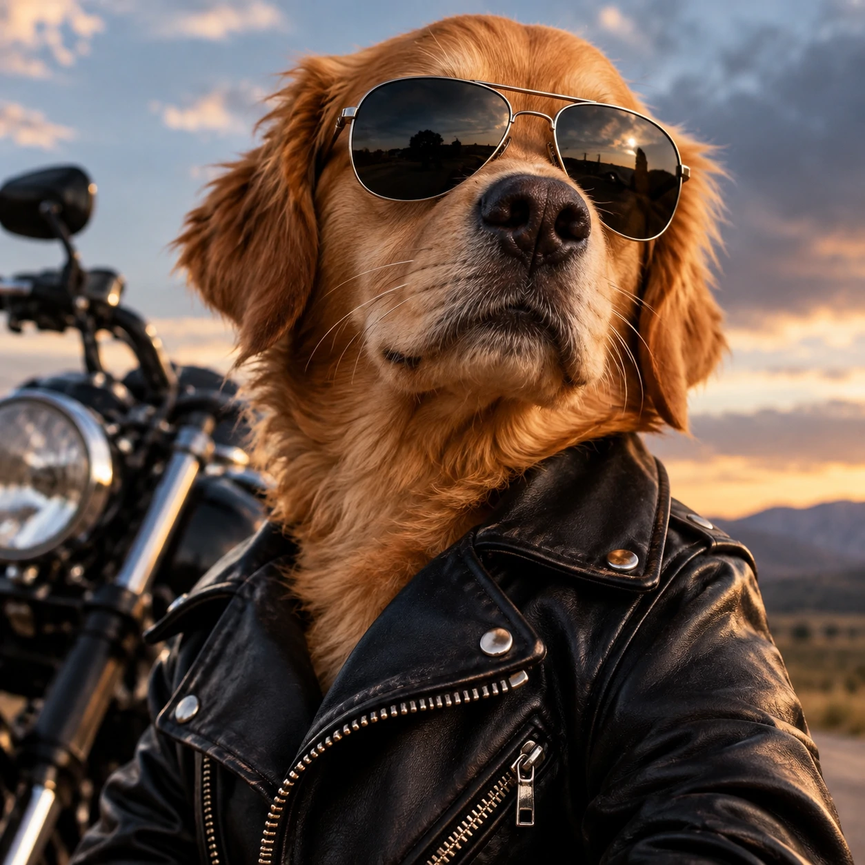 Cool dog profile picture of a dog in a leather biker jacket