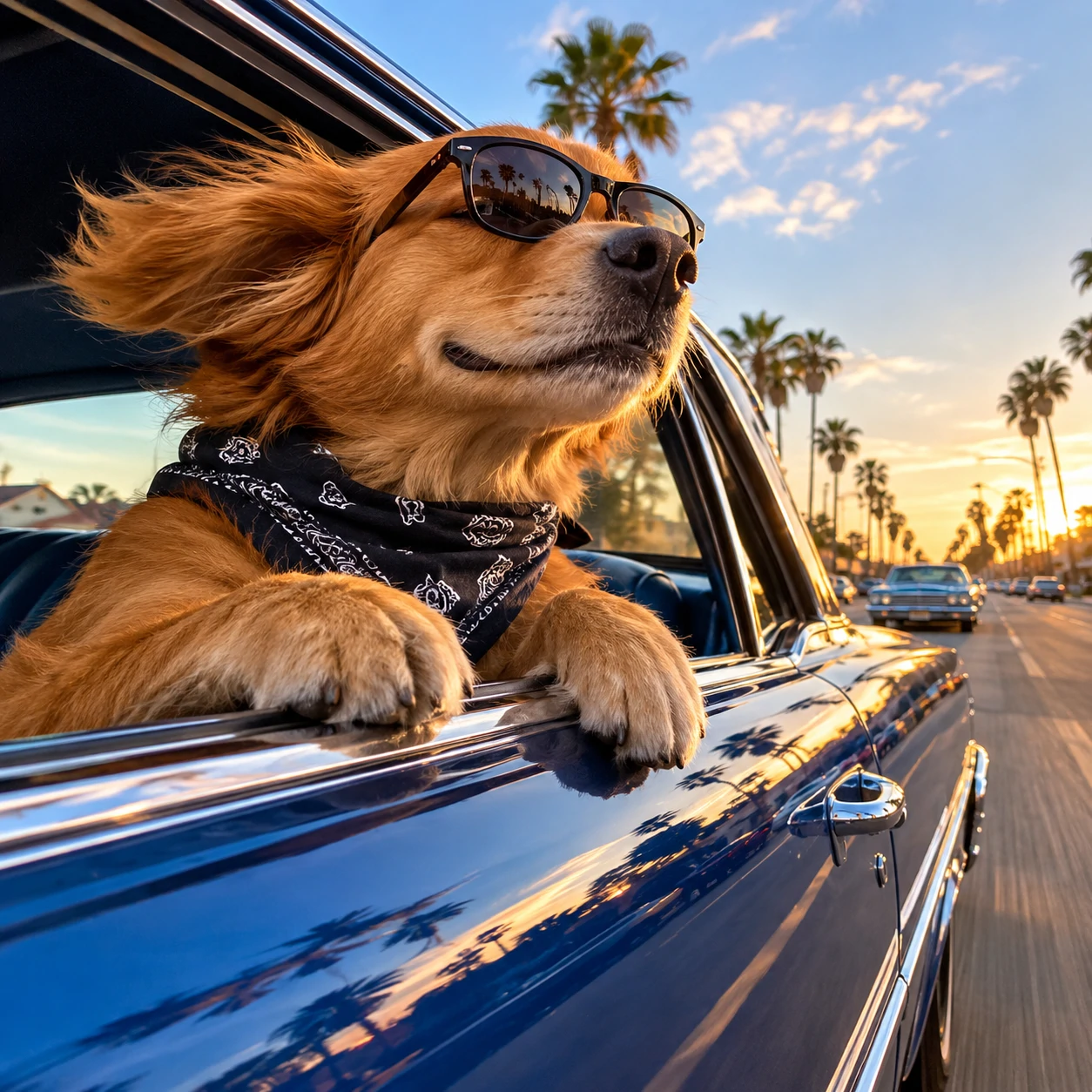 Cool dog profile picture of a dog cruising in a car with paws on window