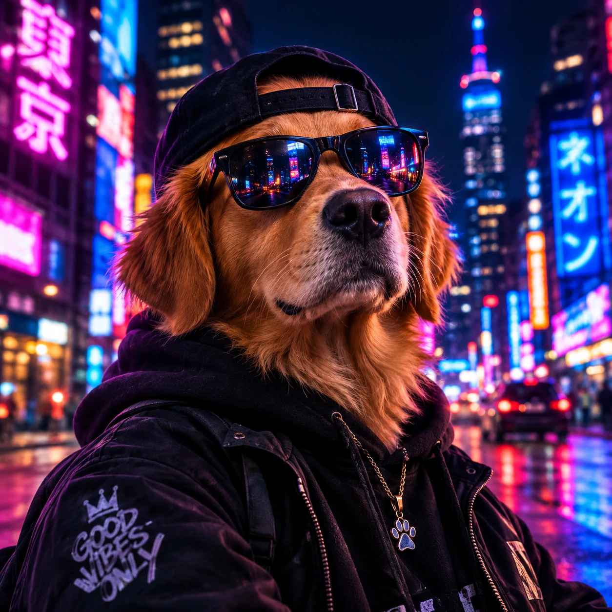 Cool dog PFP with streetwear style against neon city lights at night