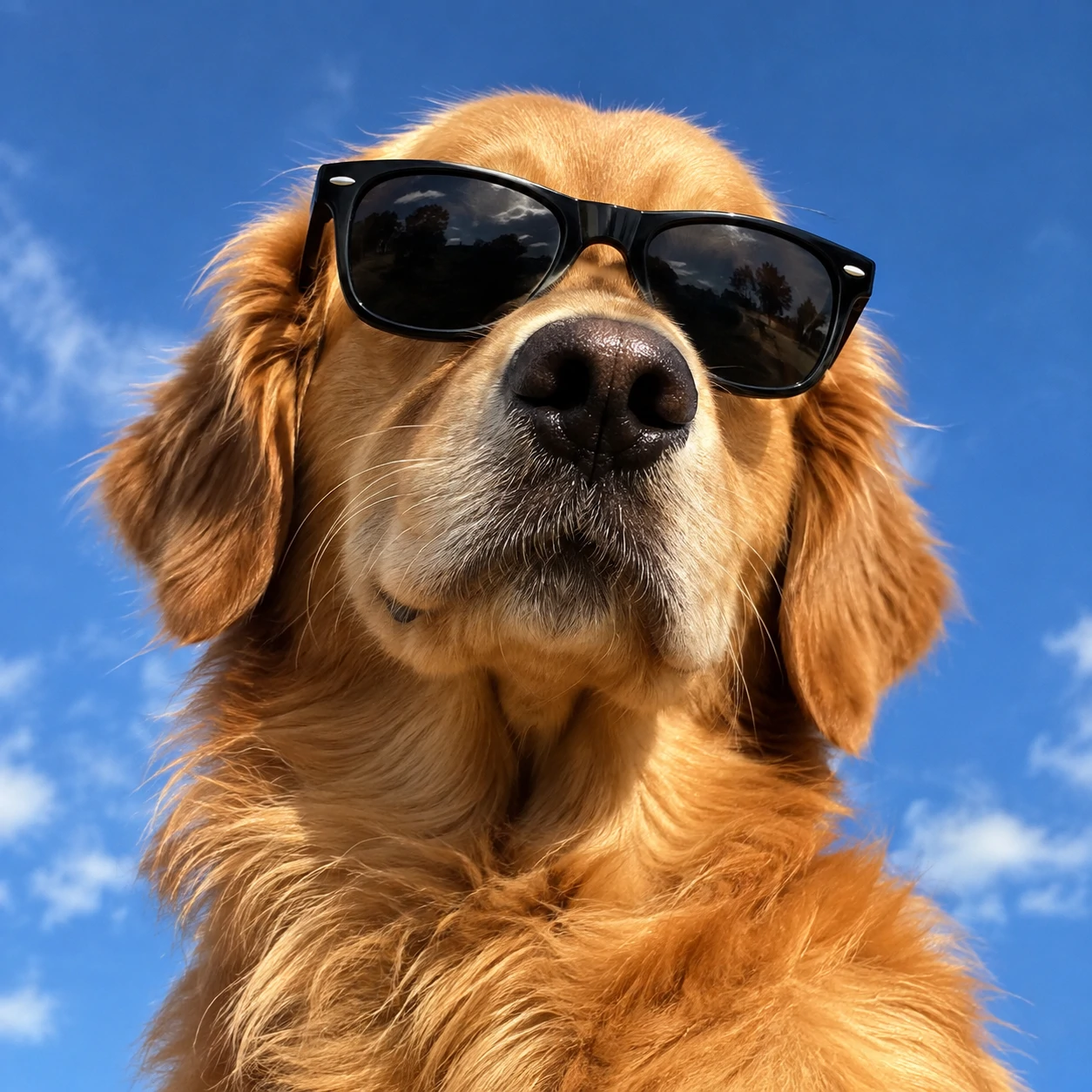 Cool dog PFP of a golden retriever wearing black sunglasses
