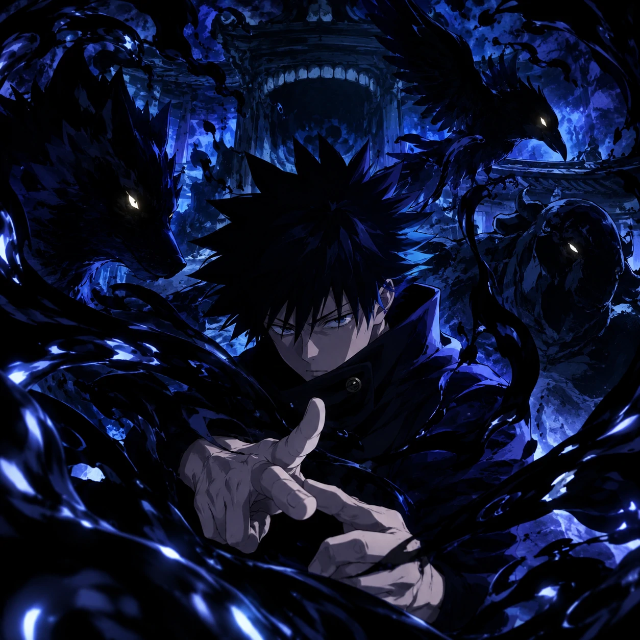 Cool JJK PFP of Megumi Fushiguro activating Chimera Shadow Garden domain