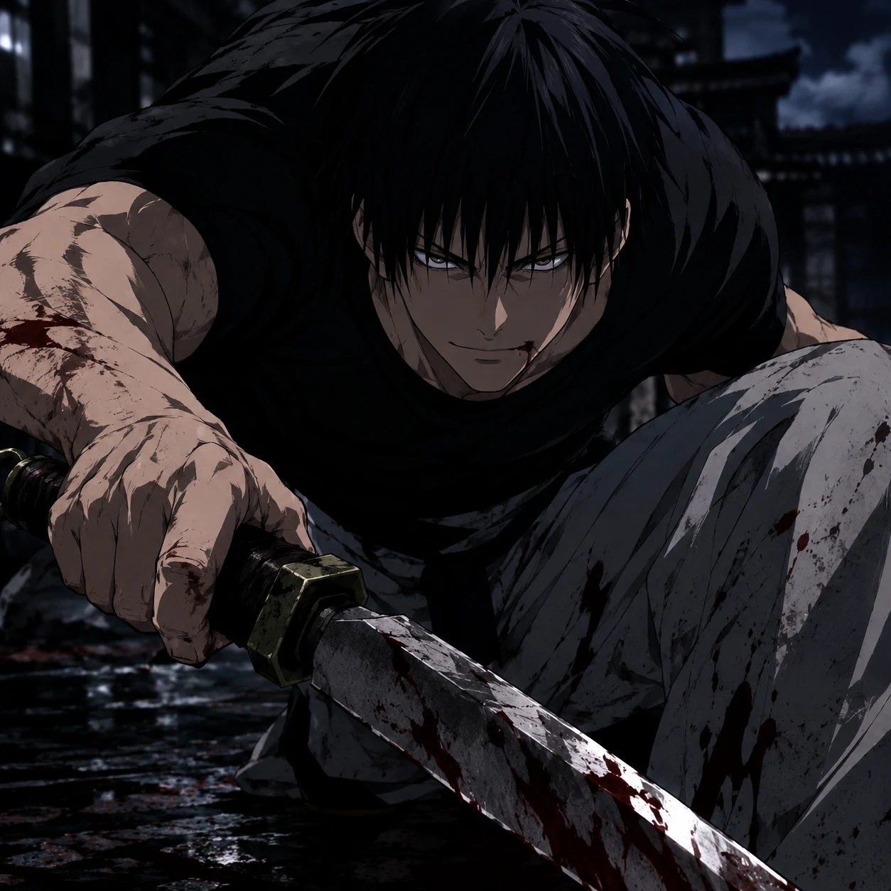 Cool JJK PFP of Toji Fushiguro in a battle stance with weapon drawn