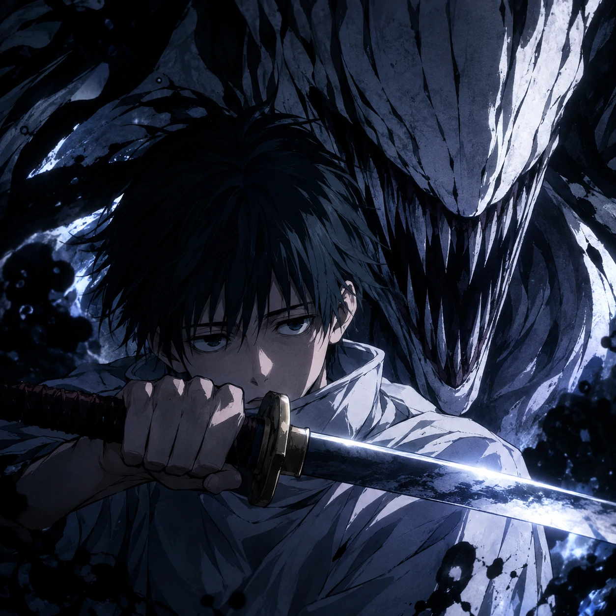 Cool JJK PFP of Yuta Okkotsu holding his katana with Rika’s presence behind