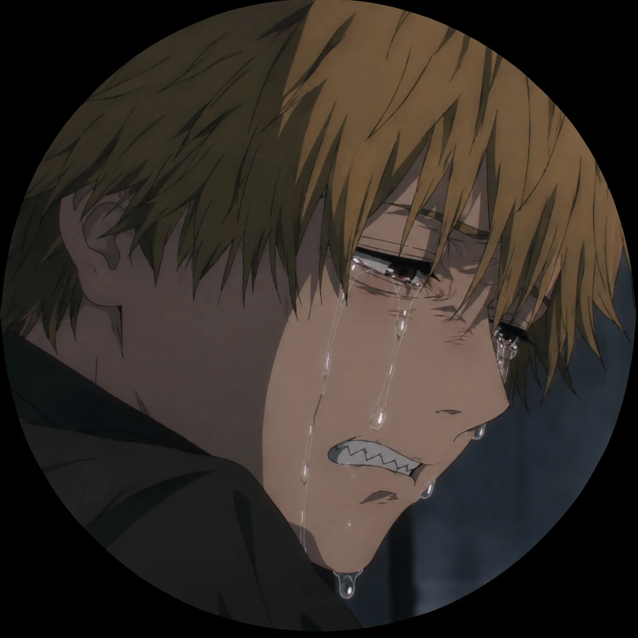 Crying Denji profile picture with tears and pained expression, sad anime PFP