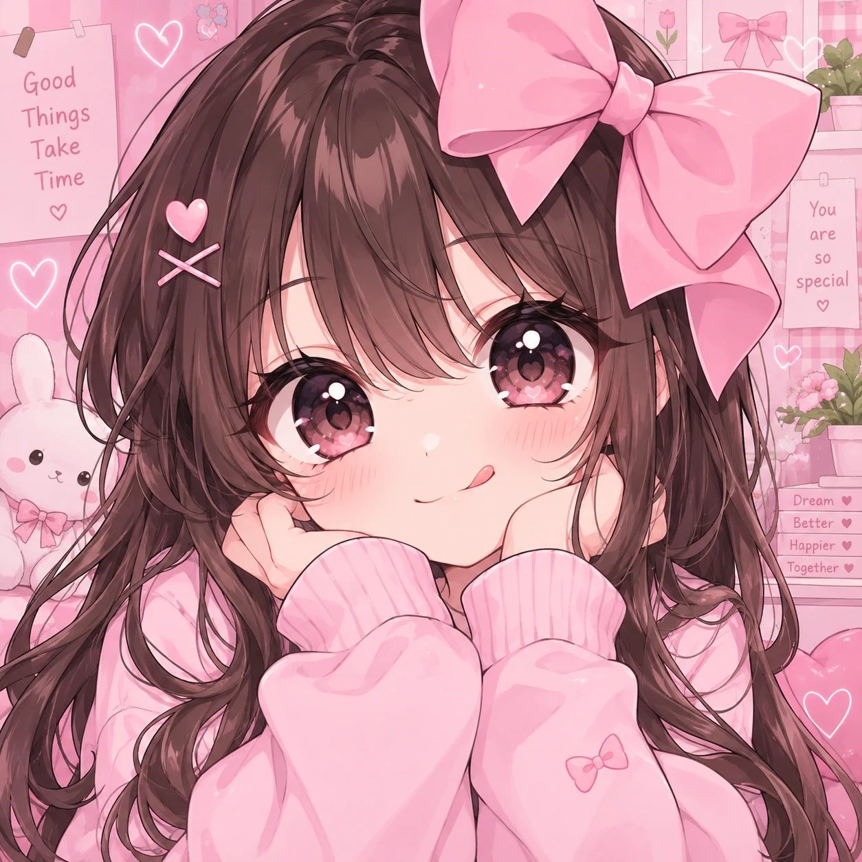 Cute anime girl avatar with big glossy eyes and pink hair bow