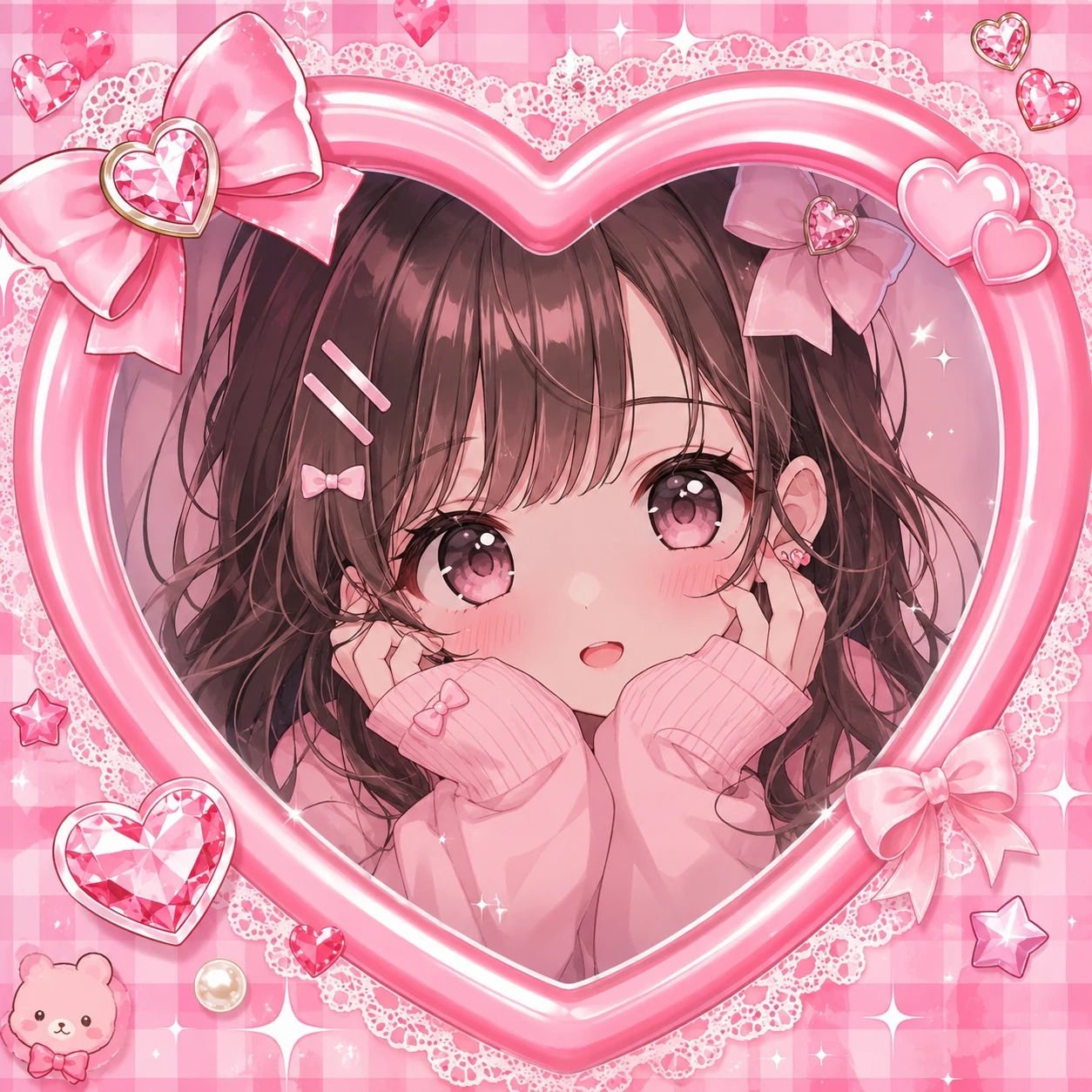 Cute anime girl pfp with strawberry hair clips and shy smile
