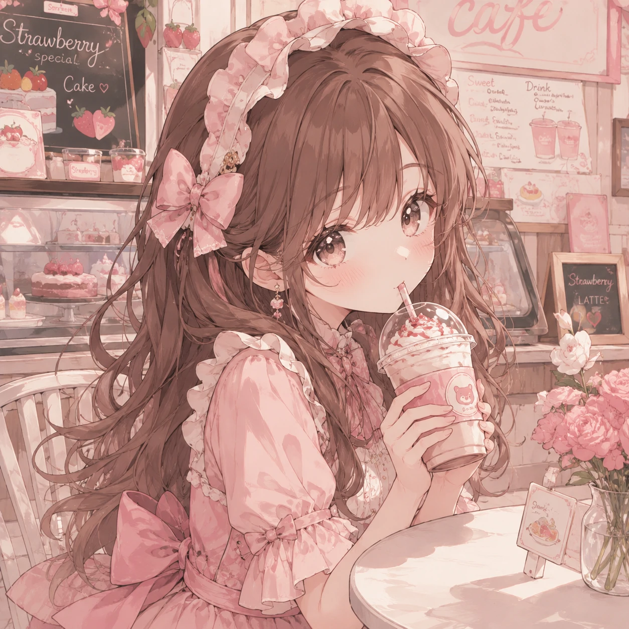 Cute anime girl profile picture in a pastel cafe outfit holding a drink