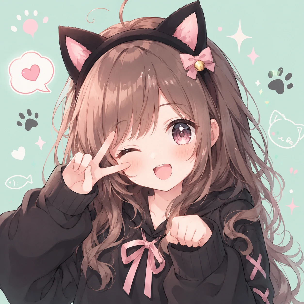 Cute anime pfp for girl with cat ears headband and pastel background