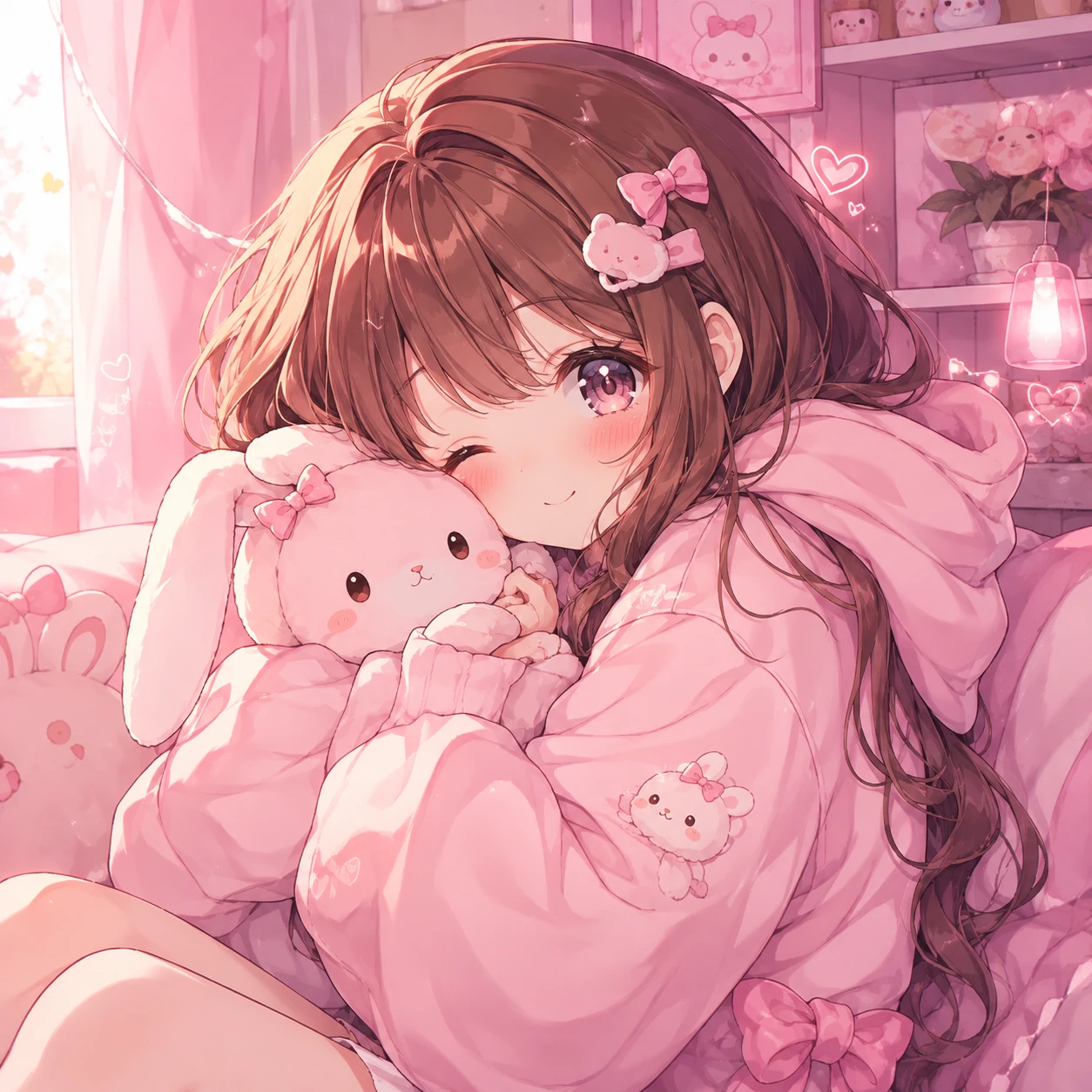 Cute anime pfp of a girl hugging a small pastel plushie