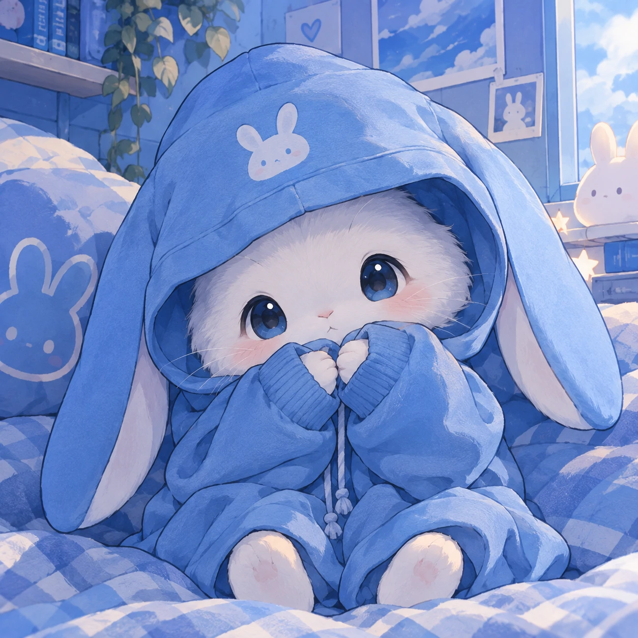 Cute blue PFP showing a small bunny wearing an oversized blue hoodie