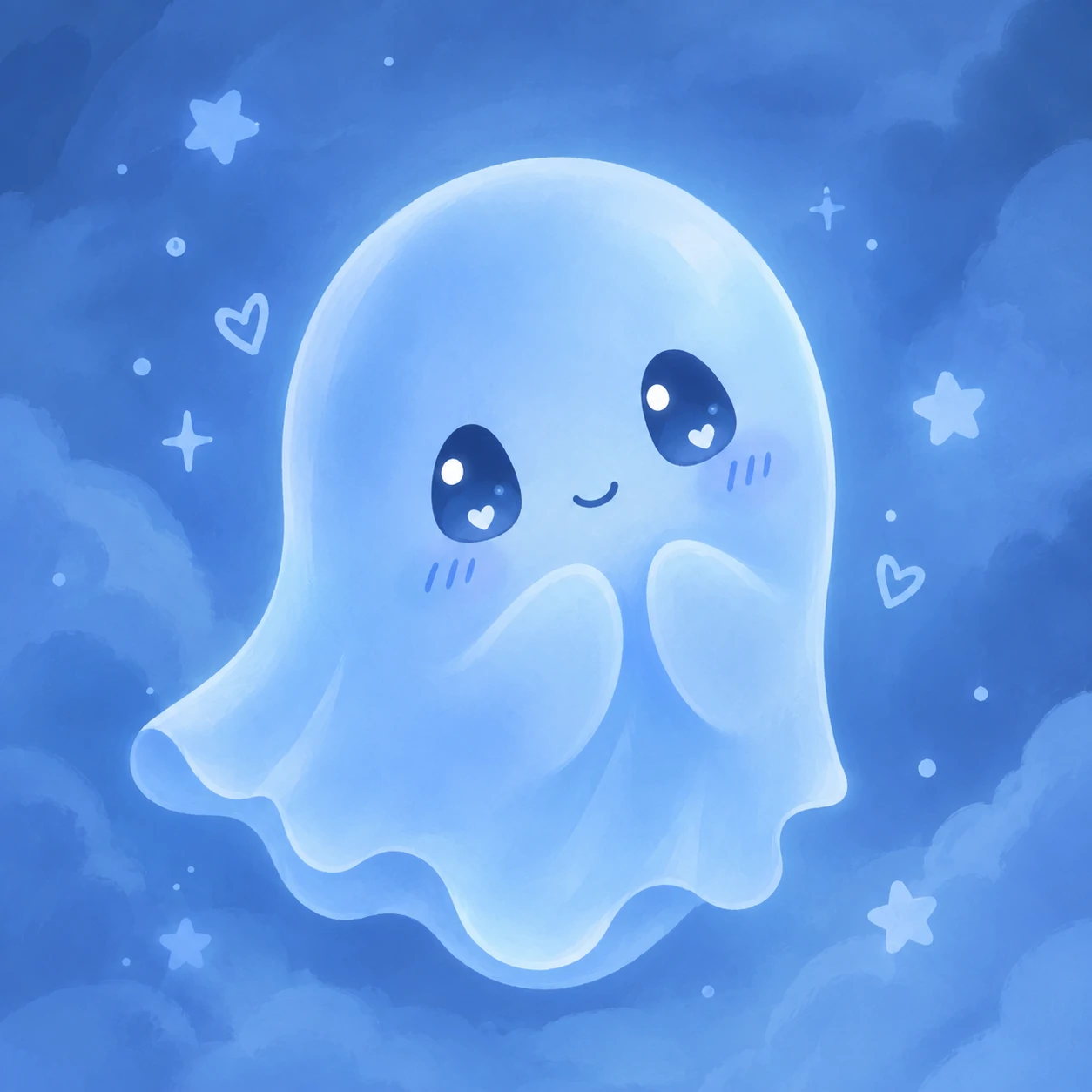 Cute blue ghost PFP with a shy smile floating on a soft blue background