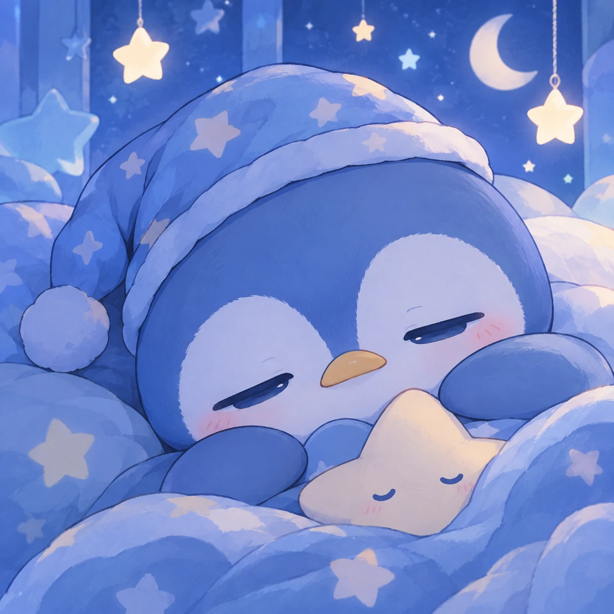 Cute blue penguin PFP with sleepy expression and soft pastel night background