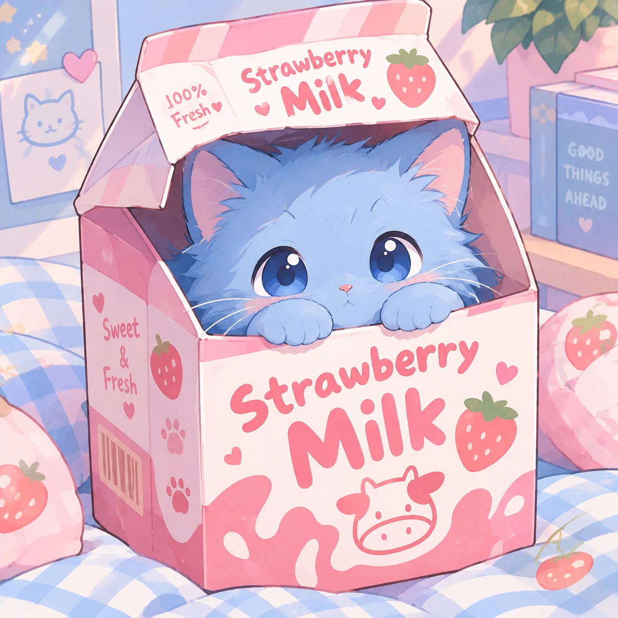 Cute blue cat PFP sitting inside a strawberry milk carton illustration