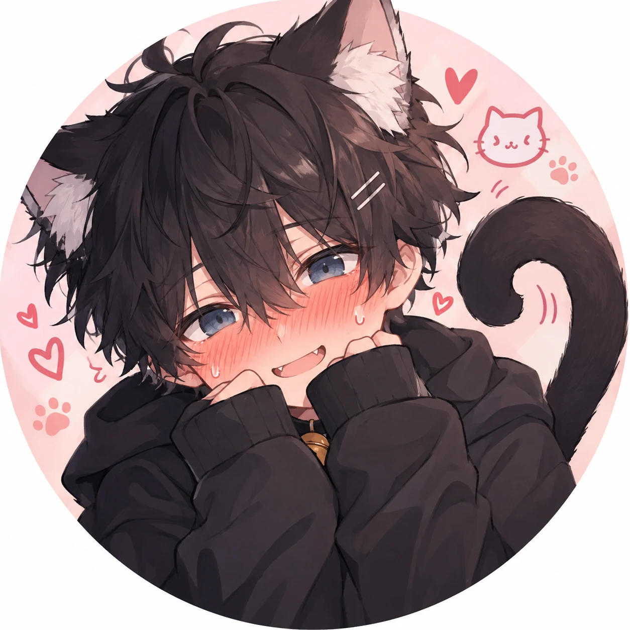 Cute catboy PFP with curling tail, heavy blush and embarrassed happy pose