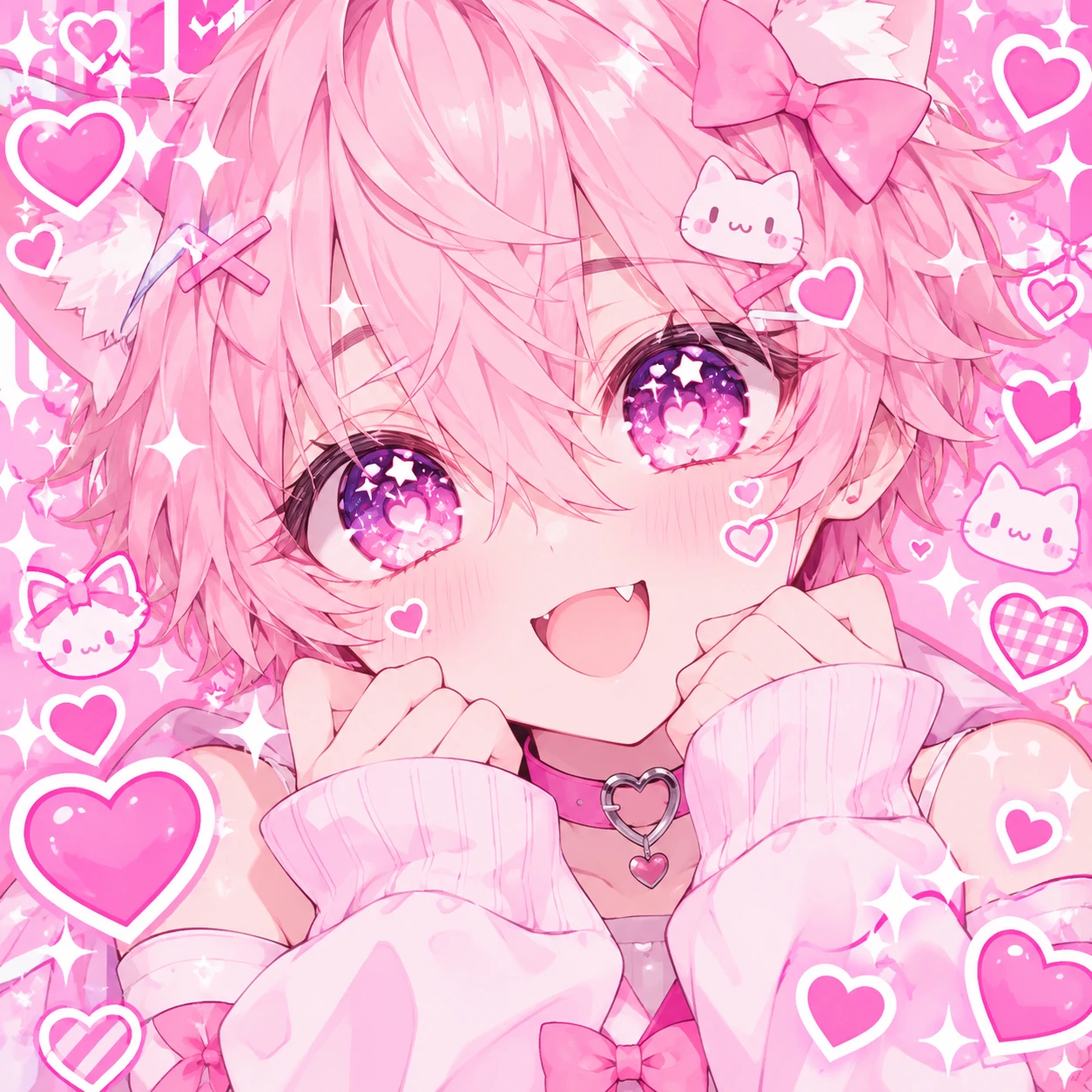 Kawaii cute femboy art PFP with sparkly eyes, heart stickers and pastel pink background