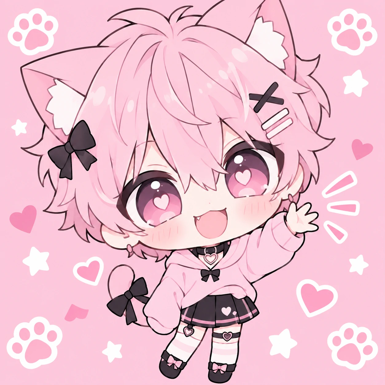 Chibi style cute femboy PFP with tiny body, big head and happy waving pose