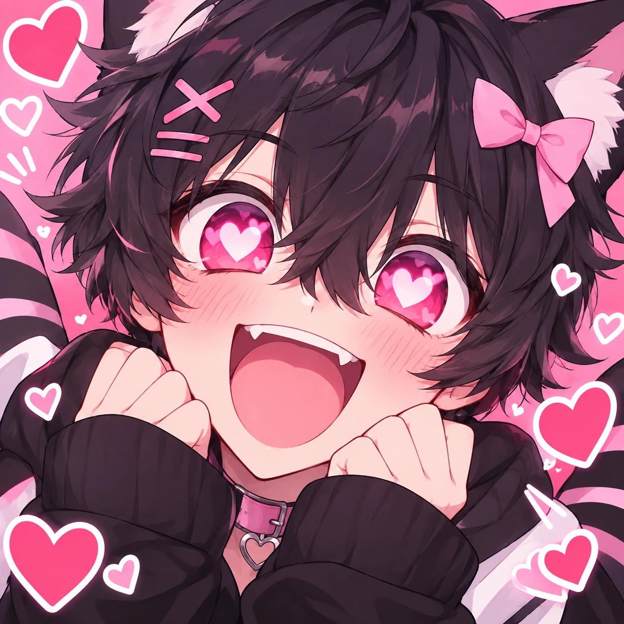 Cute femboy PFP with heart-shaped eyes and excited happy expression in anime style