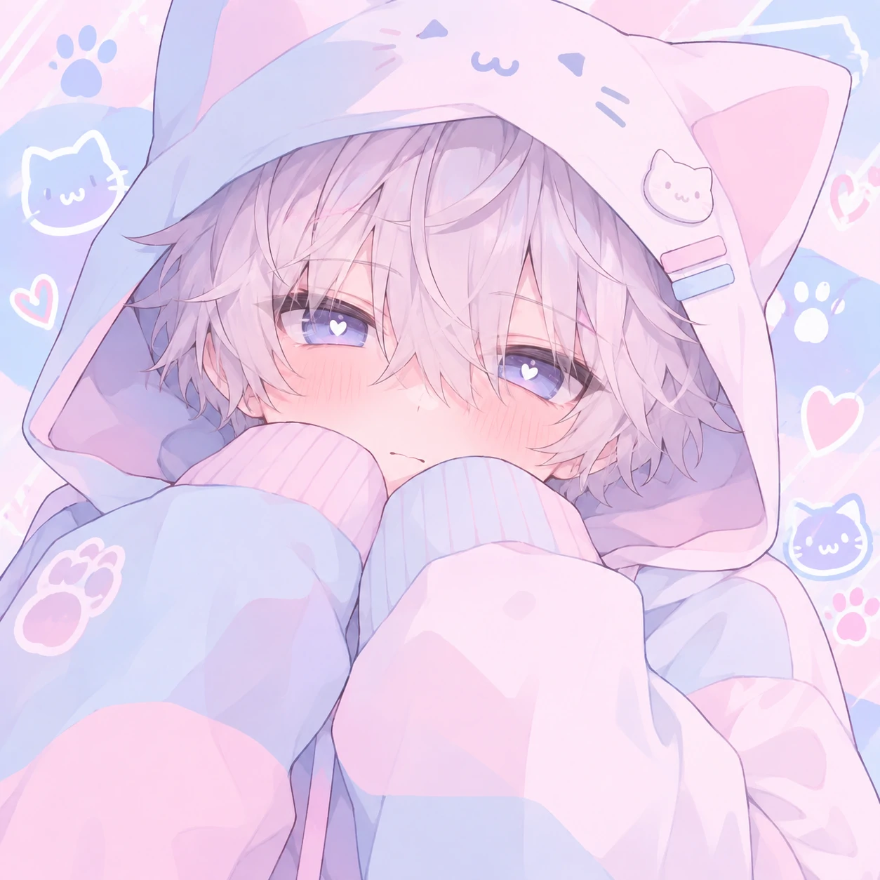 Cute femboy PFP anime boy wearing an oversized pastel hoodie with cat-ear hood