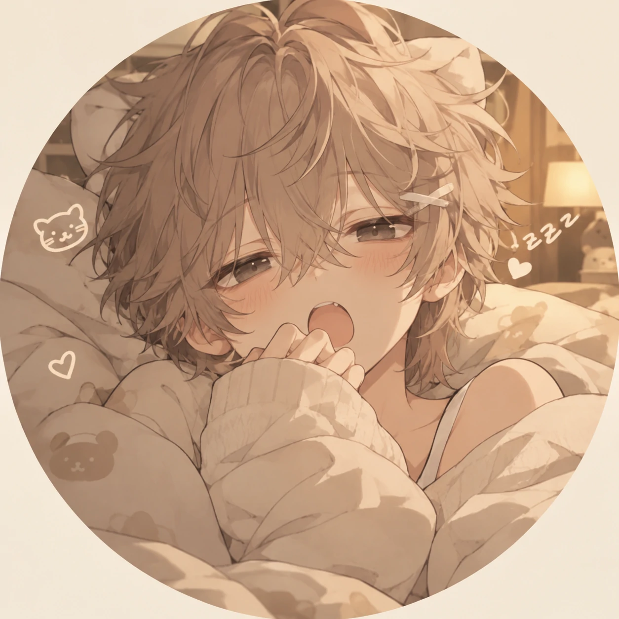 Sleepy cute femboy PFP with messy bed hair, soft yawn and cozy warm tones
