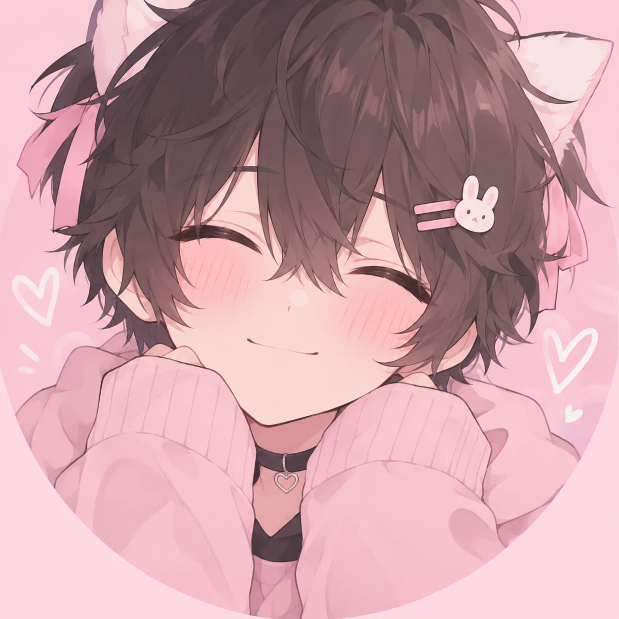 Cute femboy PFP of a soft anime boy with rosy blush and a gentle closed-eye smile