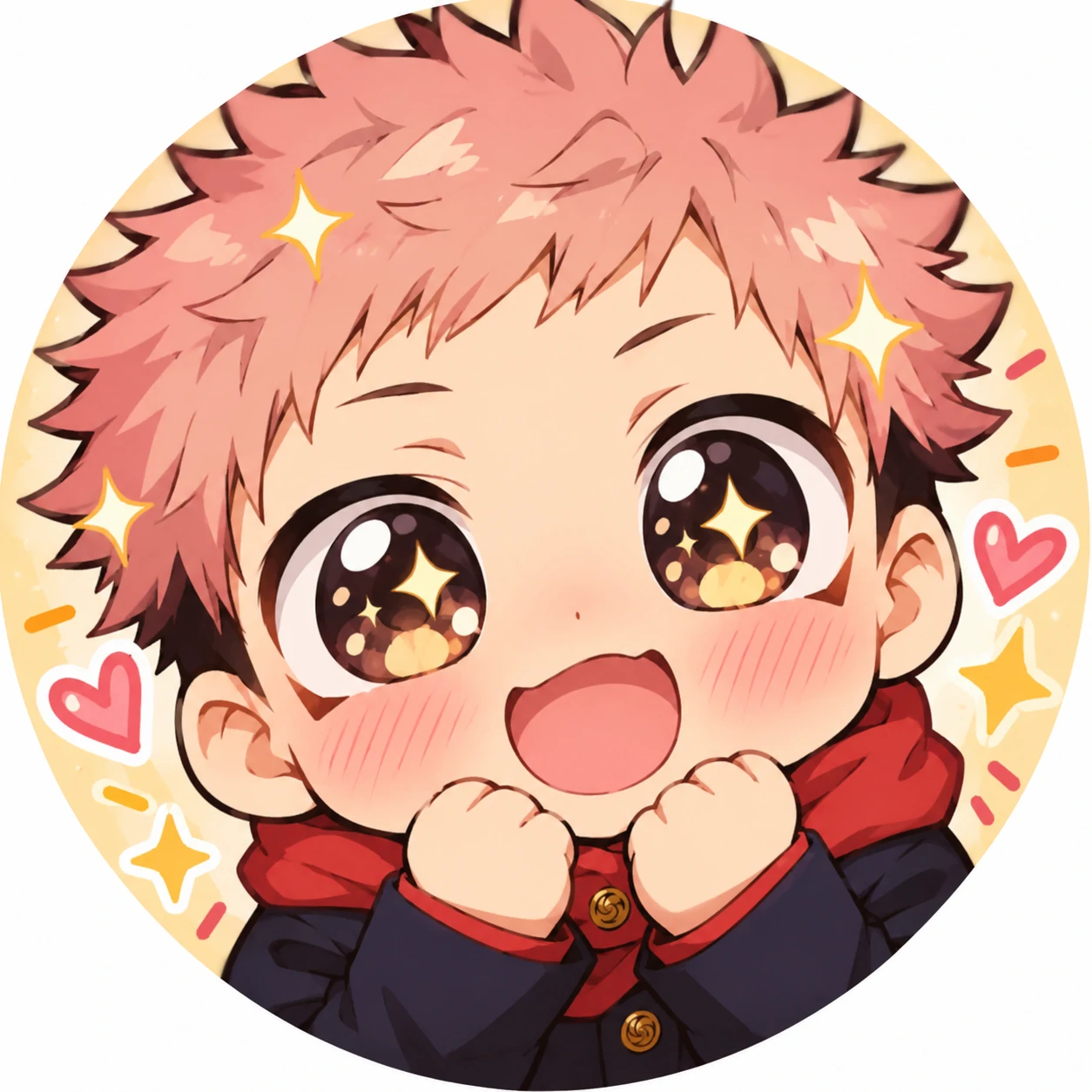 Cute chibi JJK PFP of Yuji Itadori with blushing cheeks and big sparkly eyes