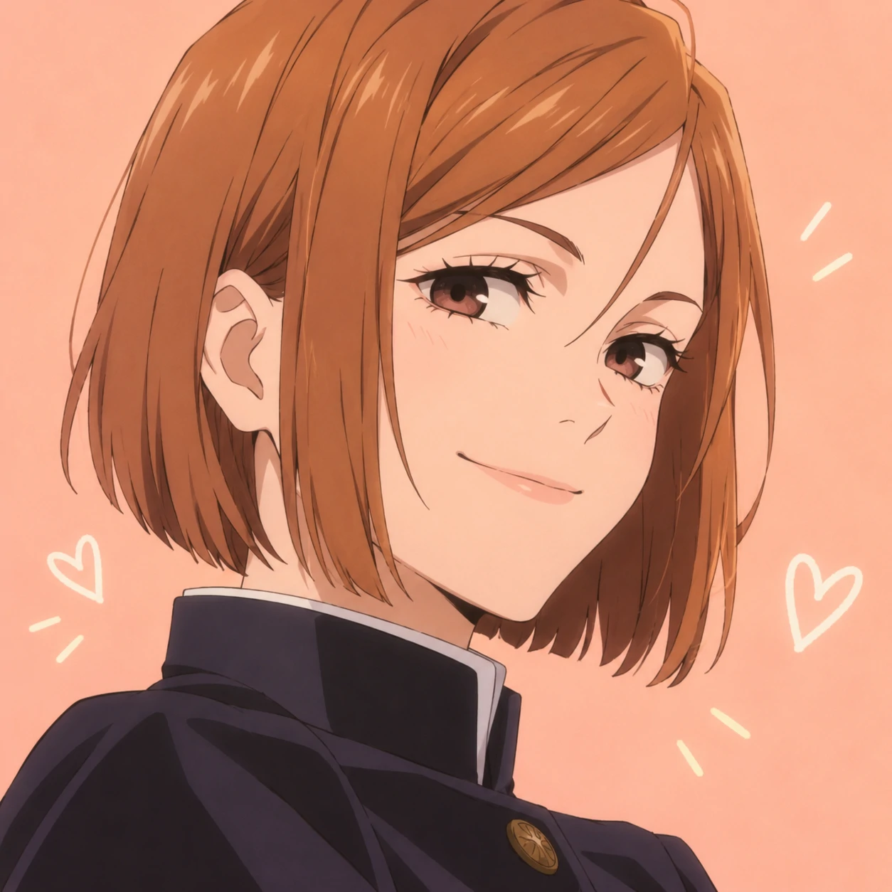 Cute JJK PFP of Nobara Kugisaki smiling softly with warm pastel background
