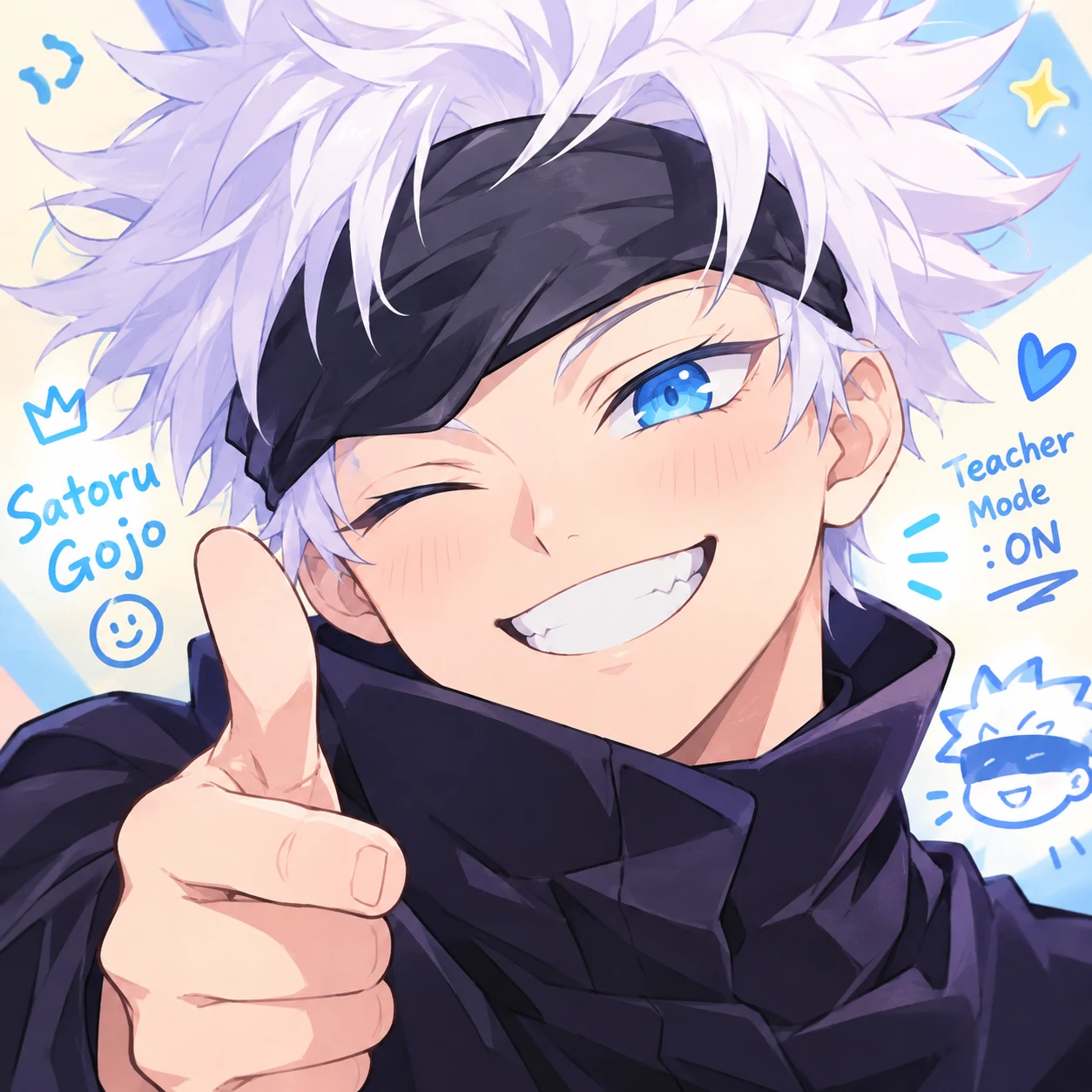 Cute kawaii JJK PFP of Gojo Satoru winking with a playful grin