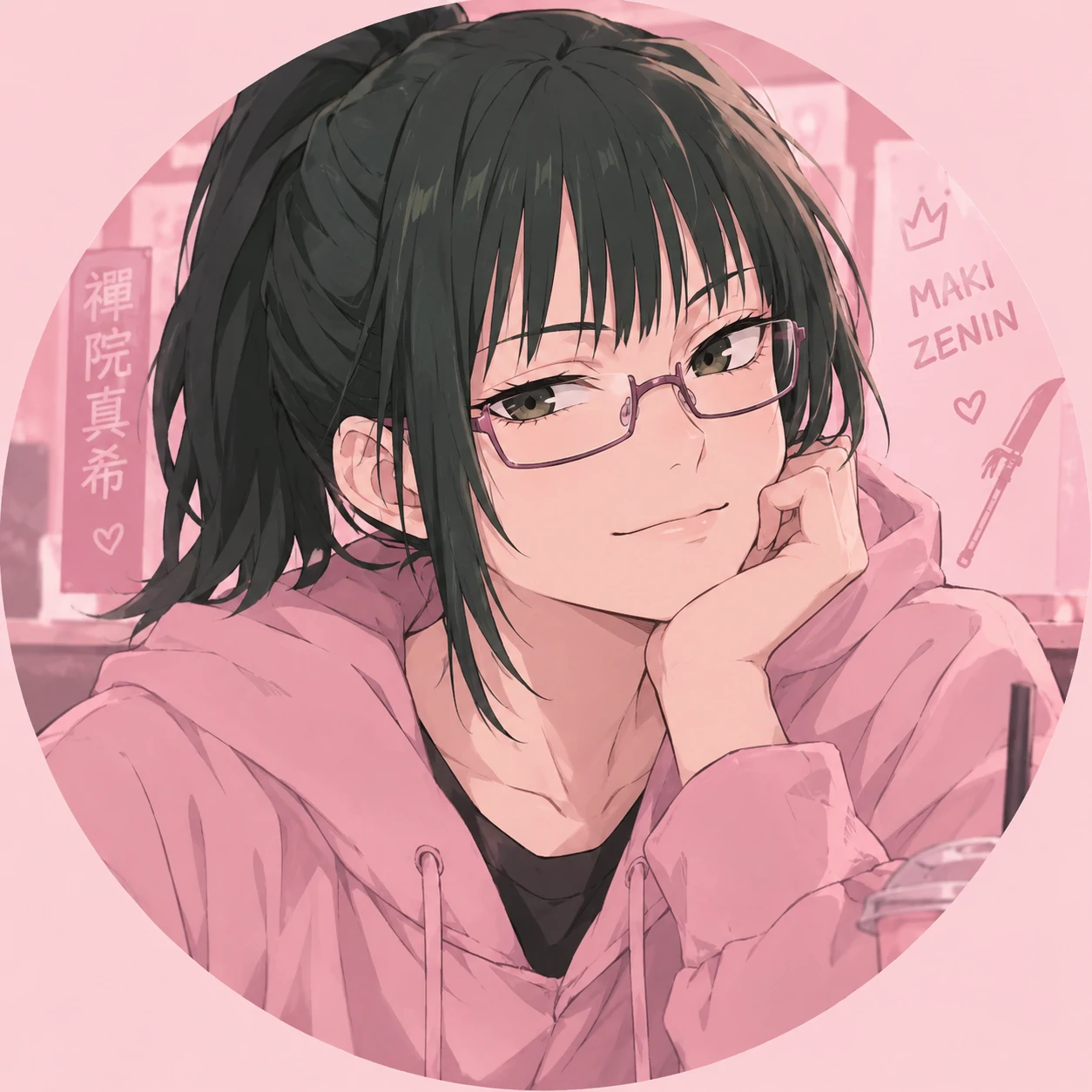 Cute JJK PFP of Maki Zenin in casual style with soft pink color palette
