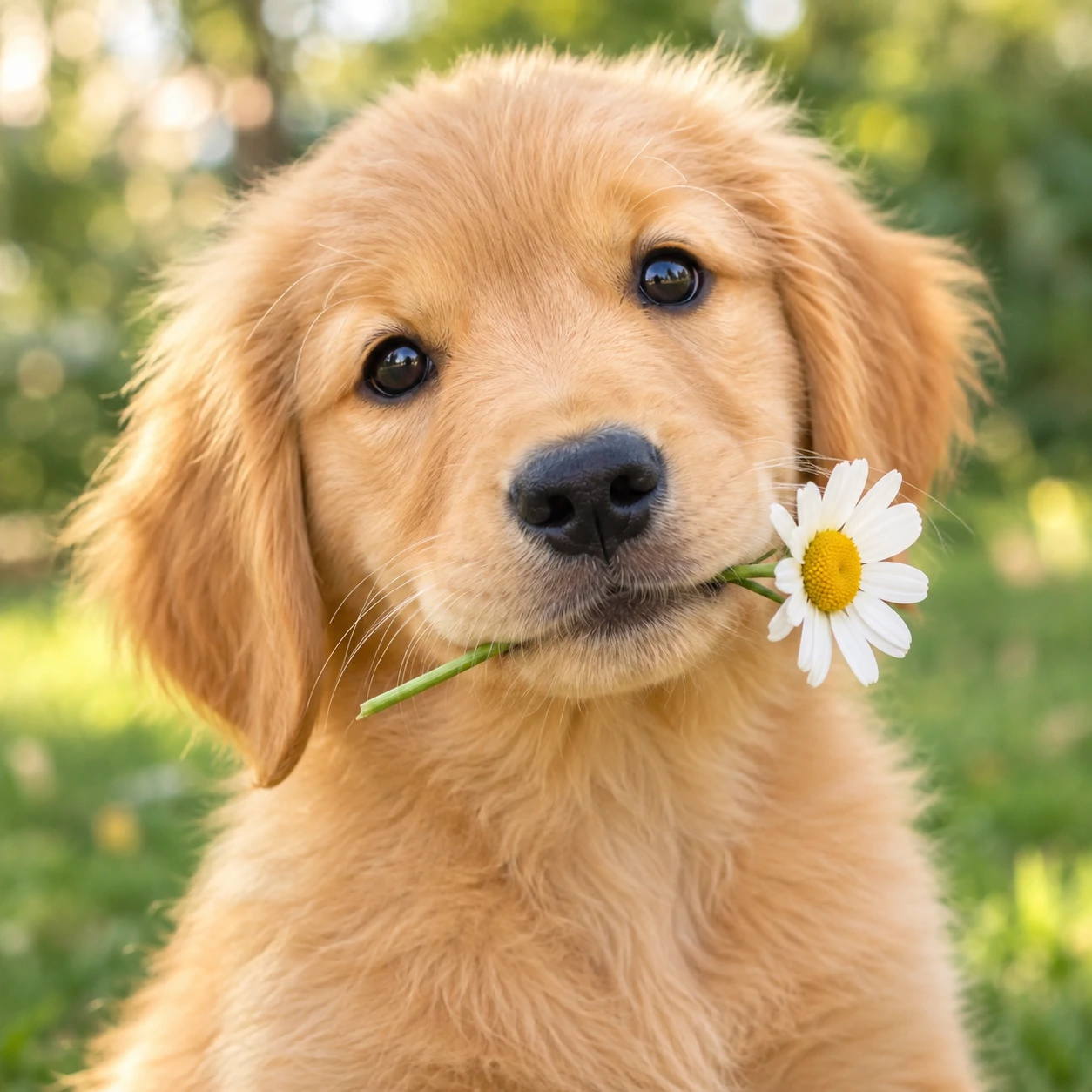 Cute puppy PFP showing a golden retriever puppy holding a flower in its mouth