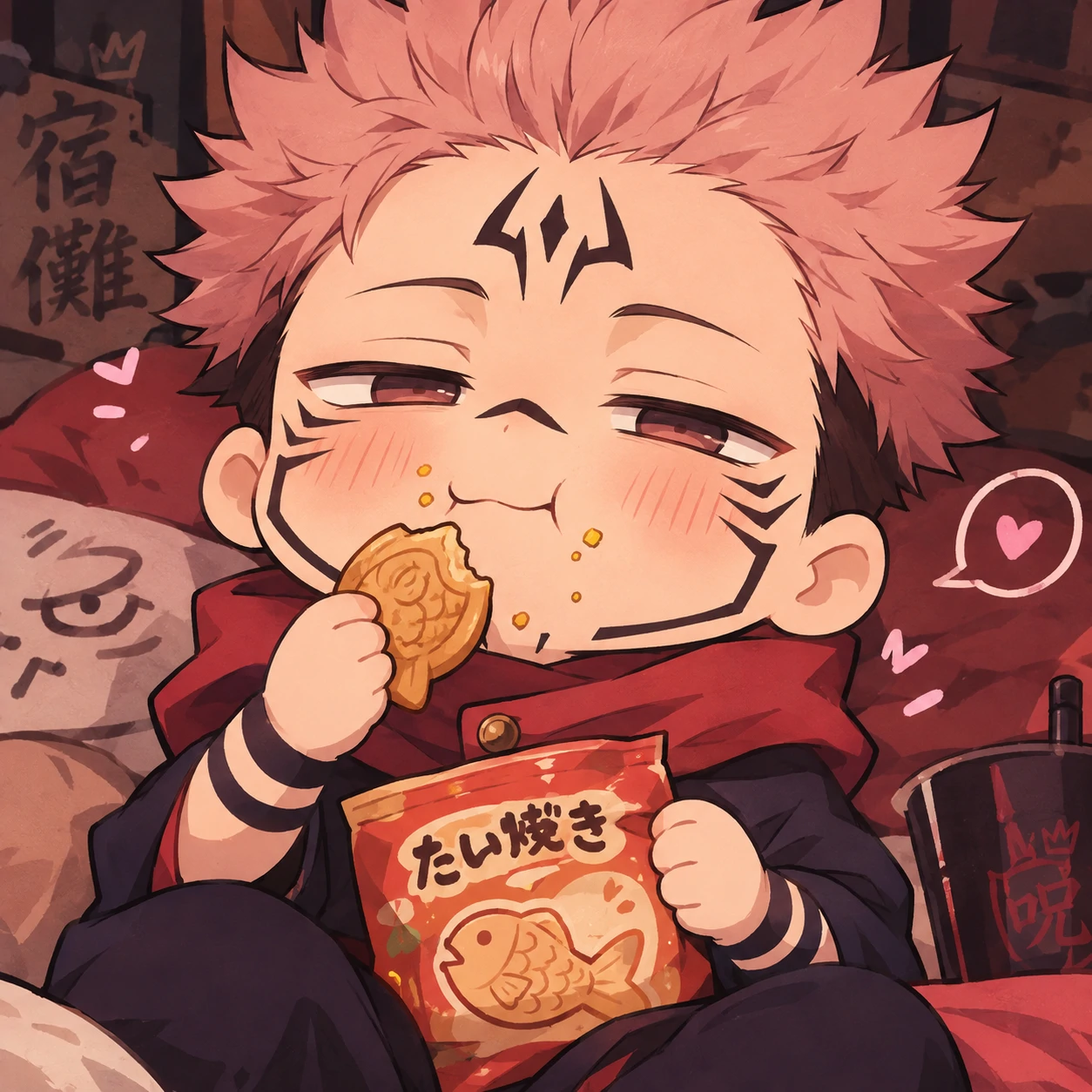 Cute Sukuna PFP chibi version happily eating a snack