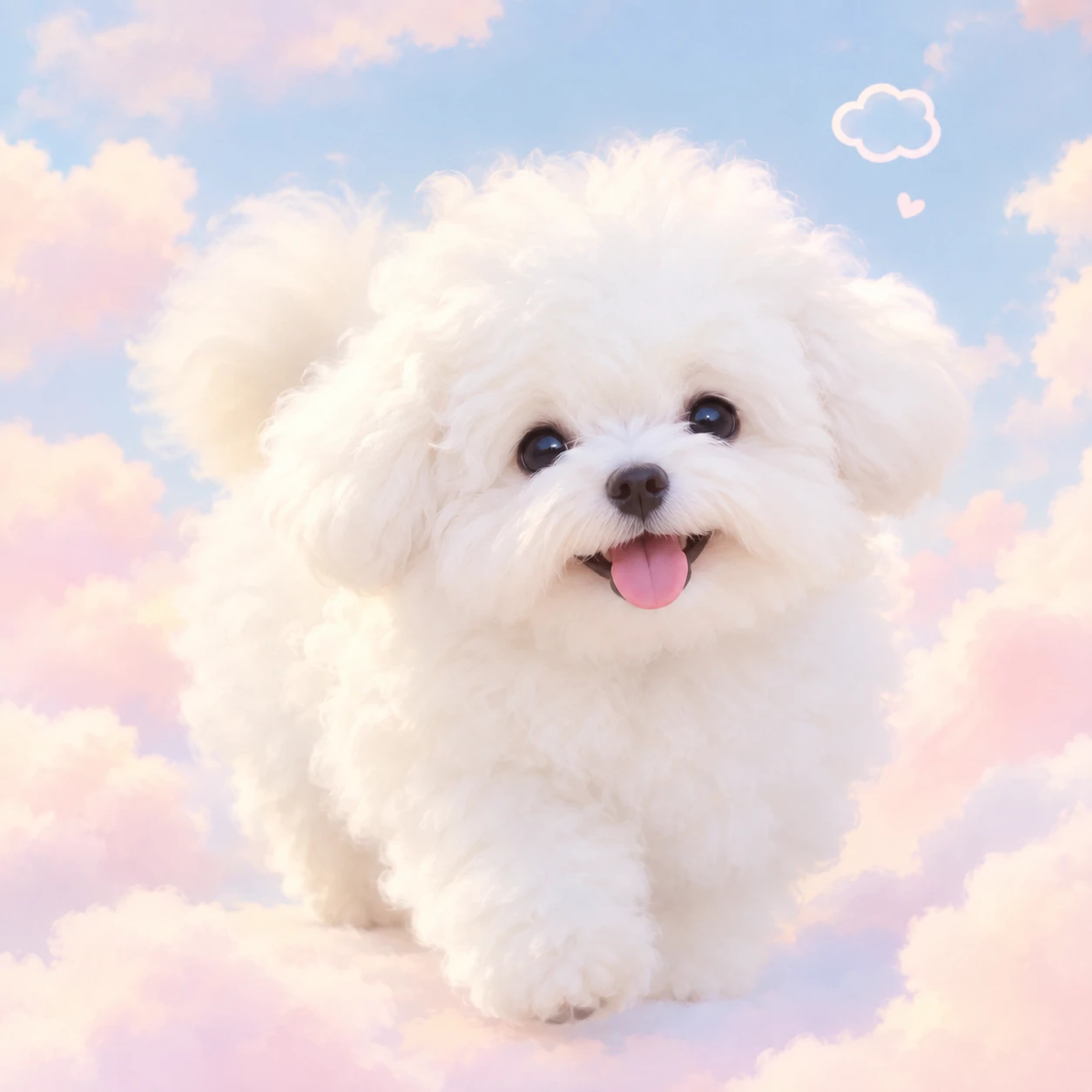 Cute white dog PFP of a cloud-like fluffy pup on a pastel background