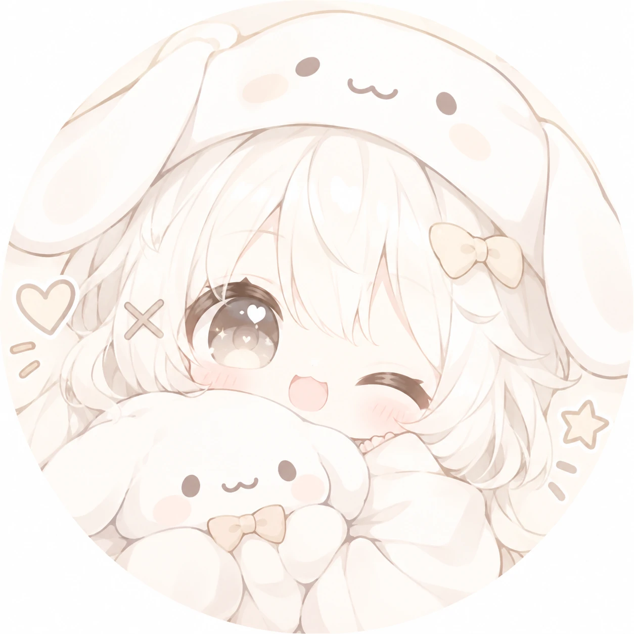 Cute white PFP with a chibi character in pastel white and cream tones