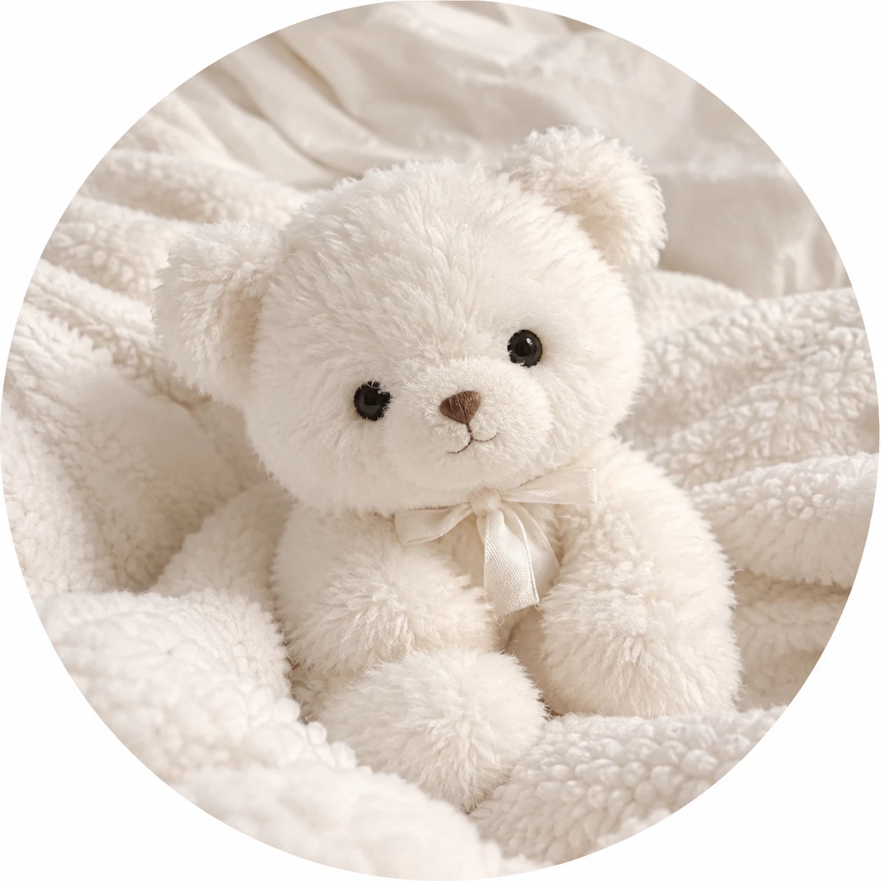 Cute white PFP with a small white plush bear toy on a soft blanket
