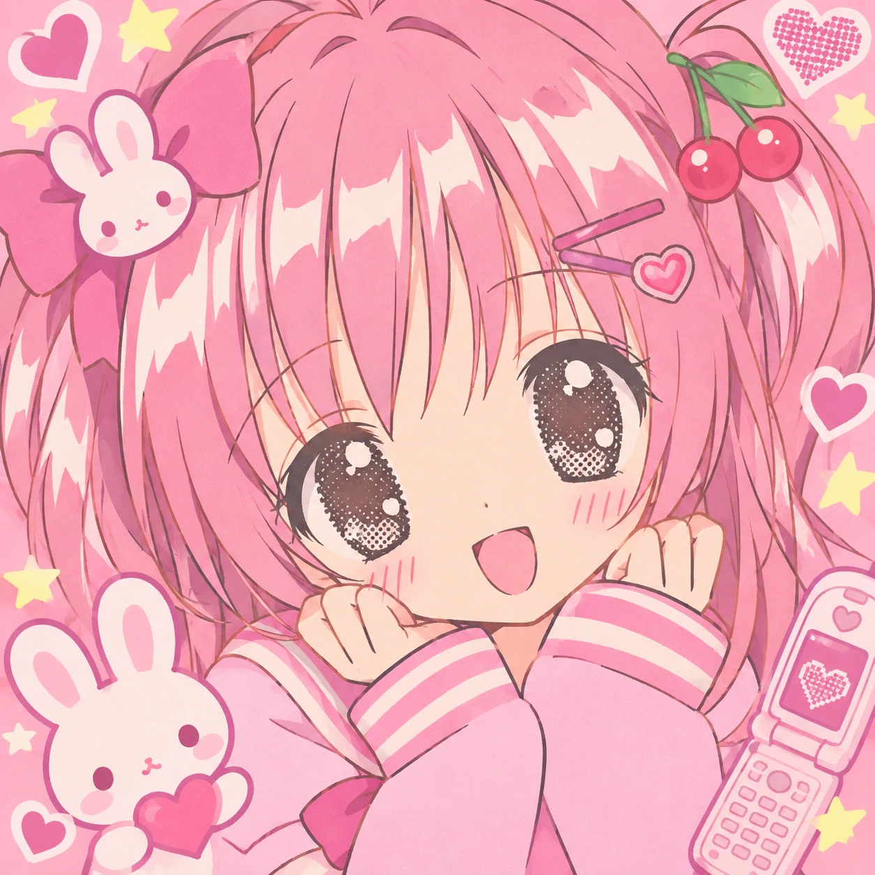 retro 2000s moe style cutecore anime pfp with chunky highlights and dotted eyes