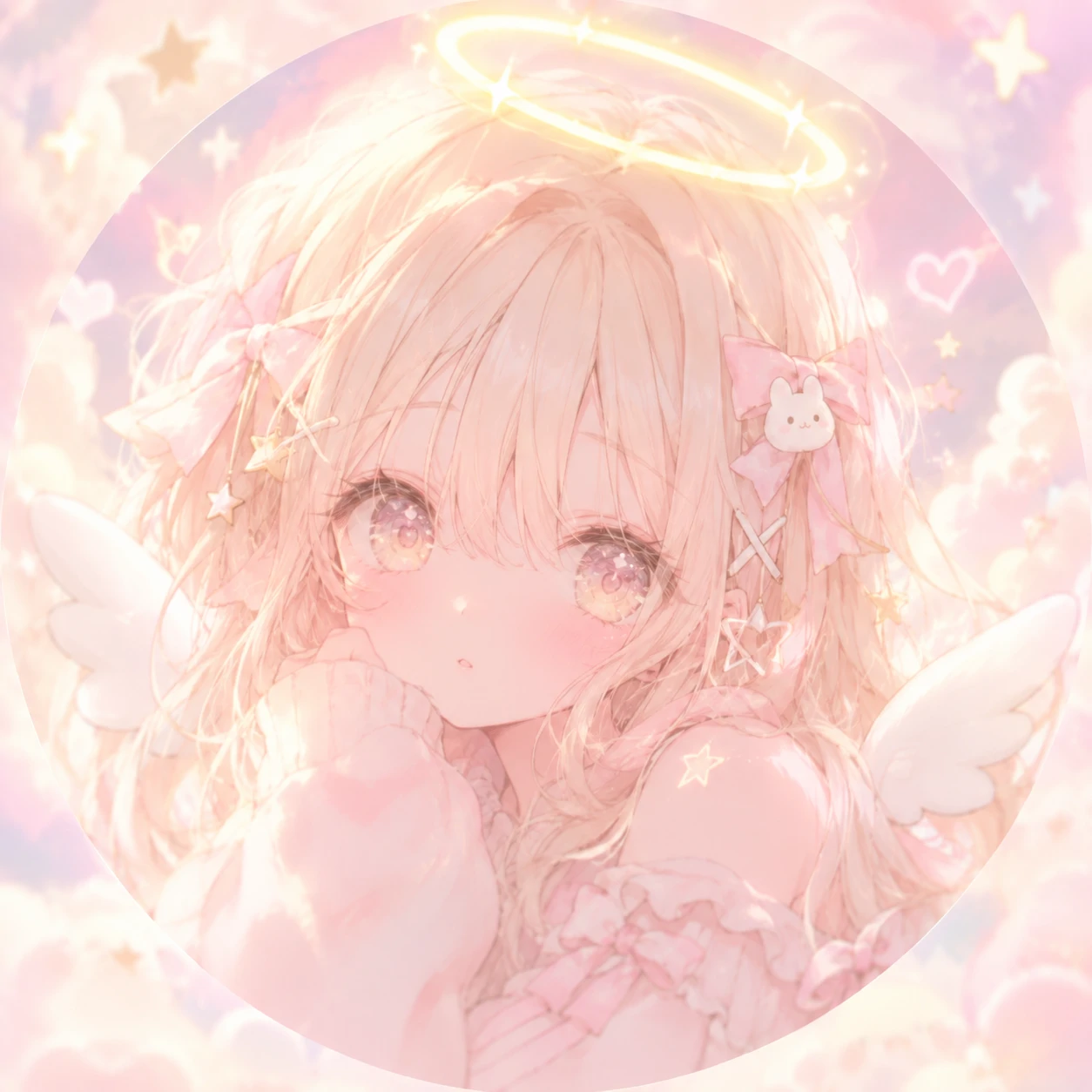 pastel cutecore anime pfp of a girl with a glowing halo and small white wings
