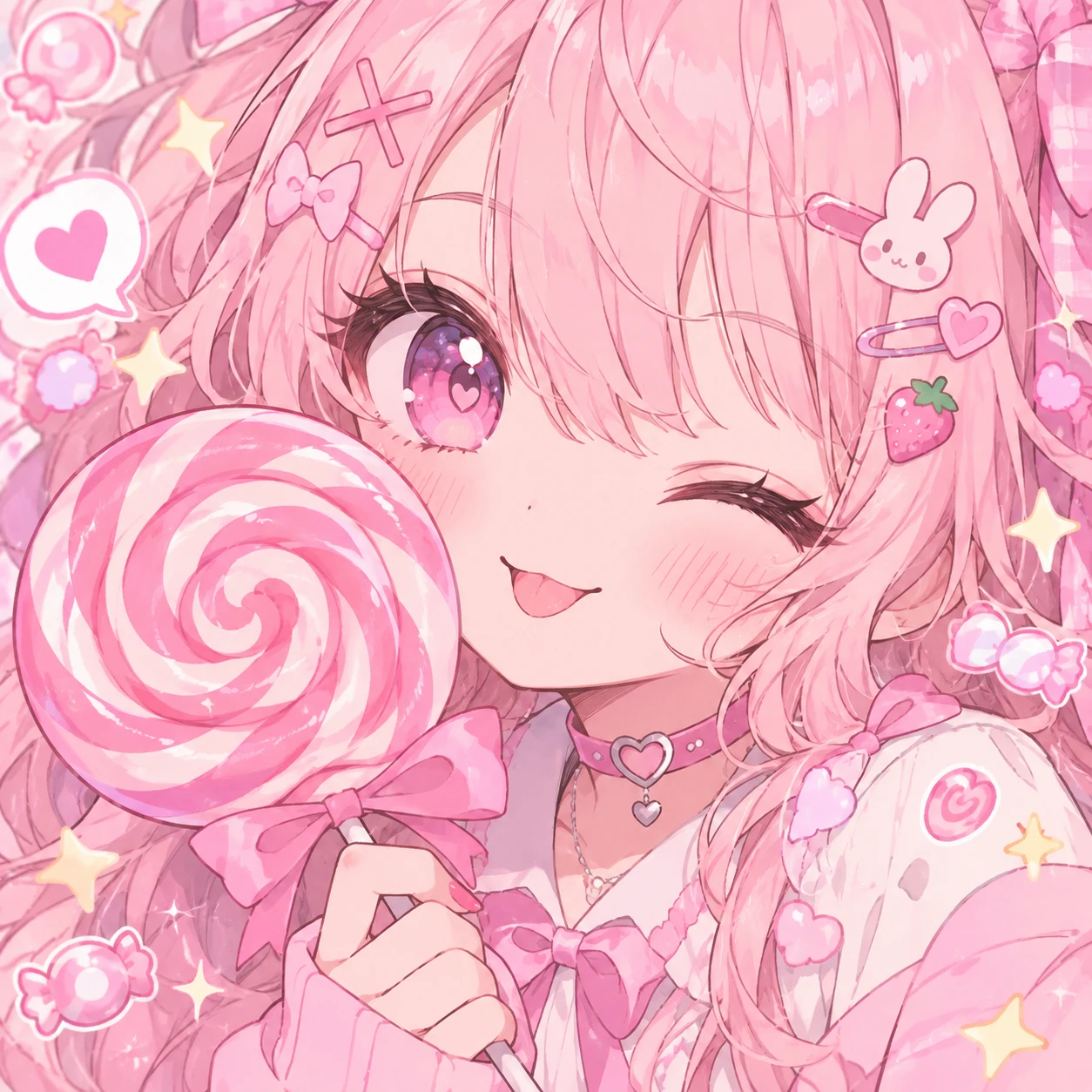 playful cutecore anime girl pfp winking while holding a swirl lollipop