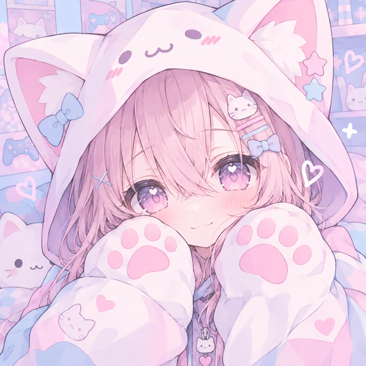 cute anime cutecore pfp of a girl wearing a pastel cat-ear hoodie with paw sleeves