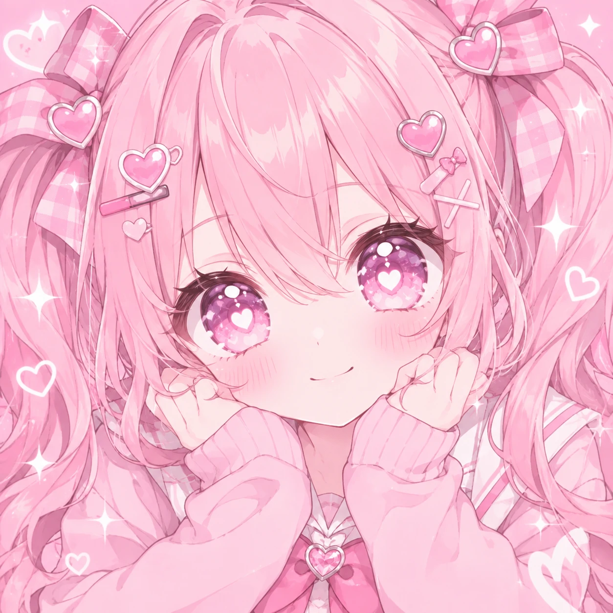 cutecore anime girl pfp with pink twintails, big sparkling eyes and heart hair clips