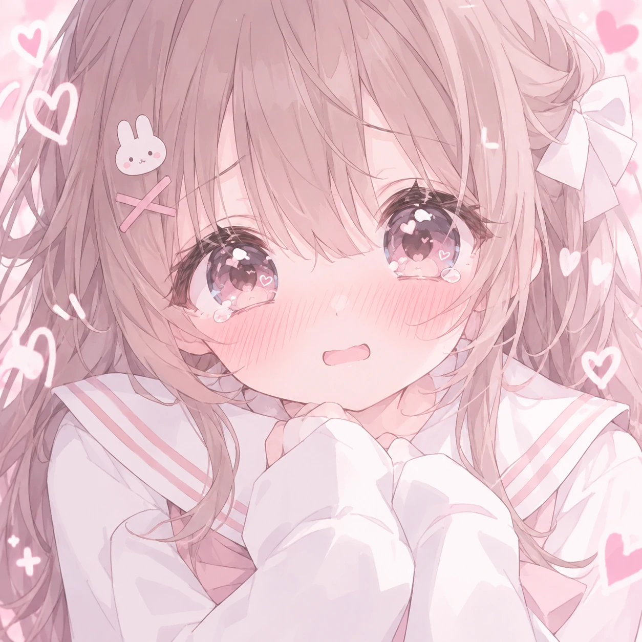 kawaii cutecore anime pfp of a blushing girl in a white sailor school collar