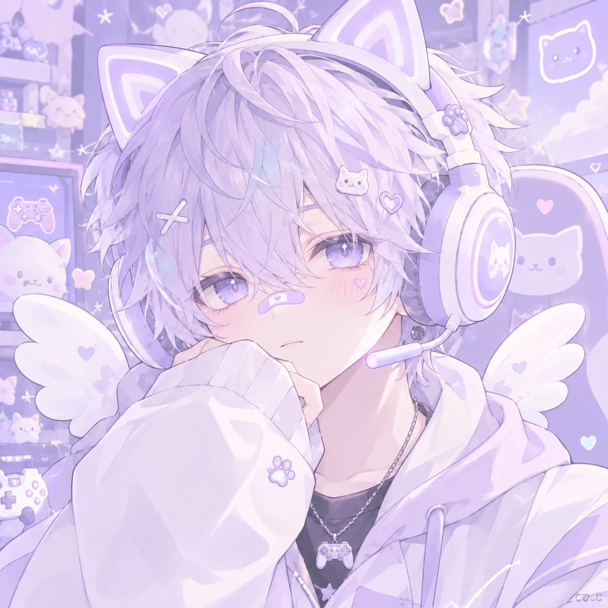 pastel cutecore boy pfp with small angel wings wearing cat-ear headphones